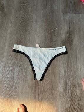 Victoria's Secret Ribbed Thong Panty with Lace Trim and Logo Waistband